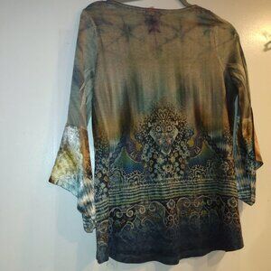 Bohemian tye died lace size large women's top, boho, bell sleeve earth tones